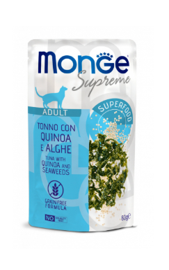 Crocchette Monge Supreme Cat 80g, alimento umido per gatti con confezione aperta, visibile in immagine.