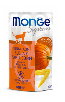 Crocchette Monge Supreme Cat 80g in confezione, alimento umido per gatti, con ingredienti di alta qualità e confezione compatta.