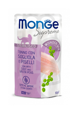 Crocchette per gatti Monge Supreme AGRIAPPIA da 80g in una ciotola, con ingredienti naturali e confezione colorata