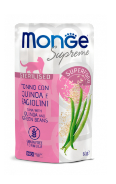 Crocchette Monge Supreme Cat AgriaPpia da 80g, sacchetto con croccantini per gatti, immagine con confezione e prodotto.