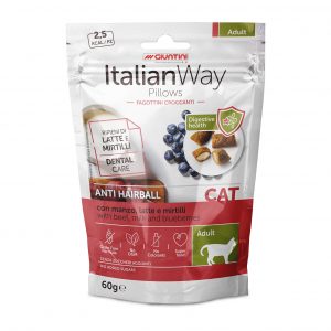 Pezzi di snack per gatti ItalianWay Pillows Ricco con manzo, latte e mirtilli, anti hairball, confezione da 60g, marca AGRIAPPIA