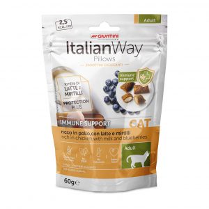 Cuscini Italianway Ricco in pollo, latte e mirtilli per adulti, supporto immunitario, marca AGRIAPPIA, snack per gatti.