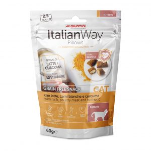 Palline di snack senza cereali ItalianWay con latte, carni bianche e curcuma per gattini, confezione da 60g, AGRIAPPIA