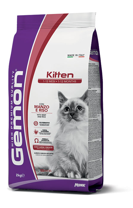 Crocchette Gemon kitten con manzo e riso di AgriaPPIA, scatola da 2 kg, alimento completo per gattini.