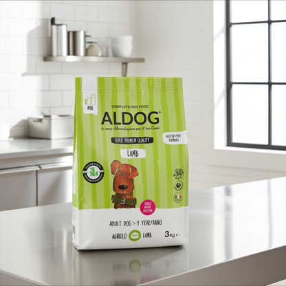 Crocchette ALDOG LAMB per cani di taglia media e grande, prodotto AGRIAPPIA, mostrano le crocchette con carne di agnello in sacco