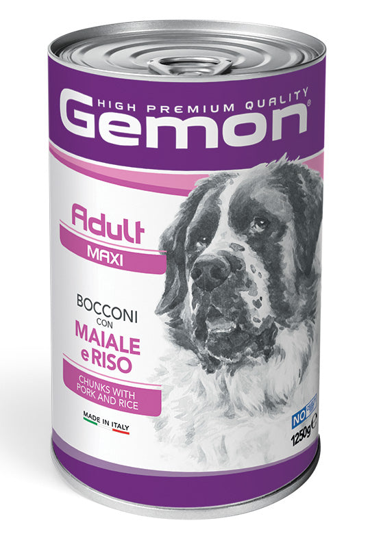 Cibo umido Gemon Maxi Adult con maiale e riso, prodotto AGRIAPPIA, in scatola da 1250g, con immagine del contenuto.