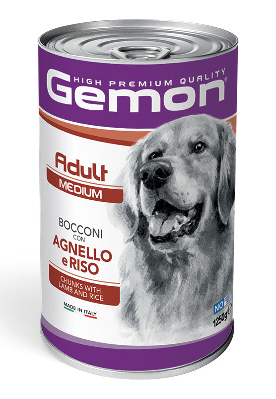Crocchette Gemon Bocconi con Agnello e Riso per cani adulti, immagine del sacco da 1250g di AGRIAPPIA.