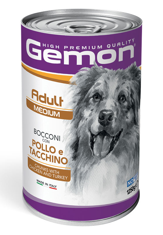 Crocchette Gemon Medium Adult con pollo e tacchino, prodotto AGRIAPPIA, confezione da 1250g, alimento umido per cani adulti.