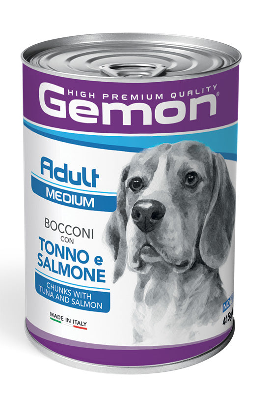Gemon Bocconi medium adult con tonno e salmone, cibo umido per cani, in lattina da 415 g, prodotto da AGRIAPPIA.