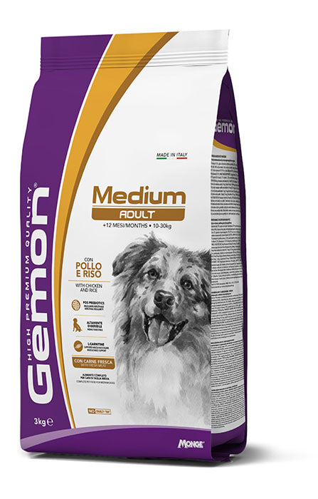 Cibo umido Gemon Medium Adult con Pollo e Riso, alimento umido per cani adulti, confezione da 3 kg, marchio AGRIAPPIA.