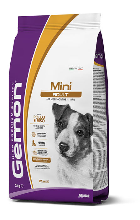 Crocchette per adulti Gemon Mini con pollo e riso, prodotto AGRIAPPIA, confezione da 3 kg, crocchette per cani di taglia piccola