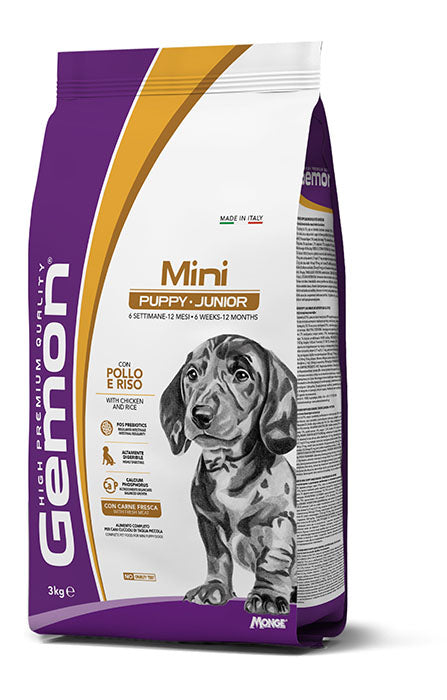 Crocchette Gemon Mini Puppy e Junior con Pollo e Riso di AGRIAPPIA, sacco da 3 kg, per cuccioli e giovani cani.