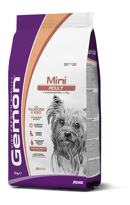 Crocchette Gemon Mini Adult con salmone e riso, alimento per cani di taglia piccola, confezione da 3 kg, AGRIAPPIA