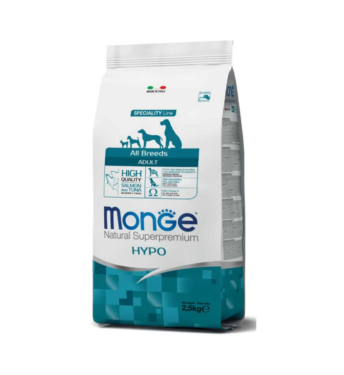 Crocchette Monge Natural Superpremium per cani adult ipolligenici con salmone e tonno, imballaggio con sacco di alimenti.