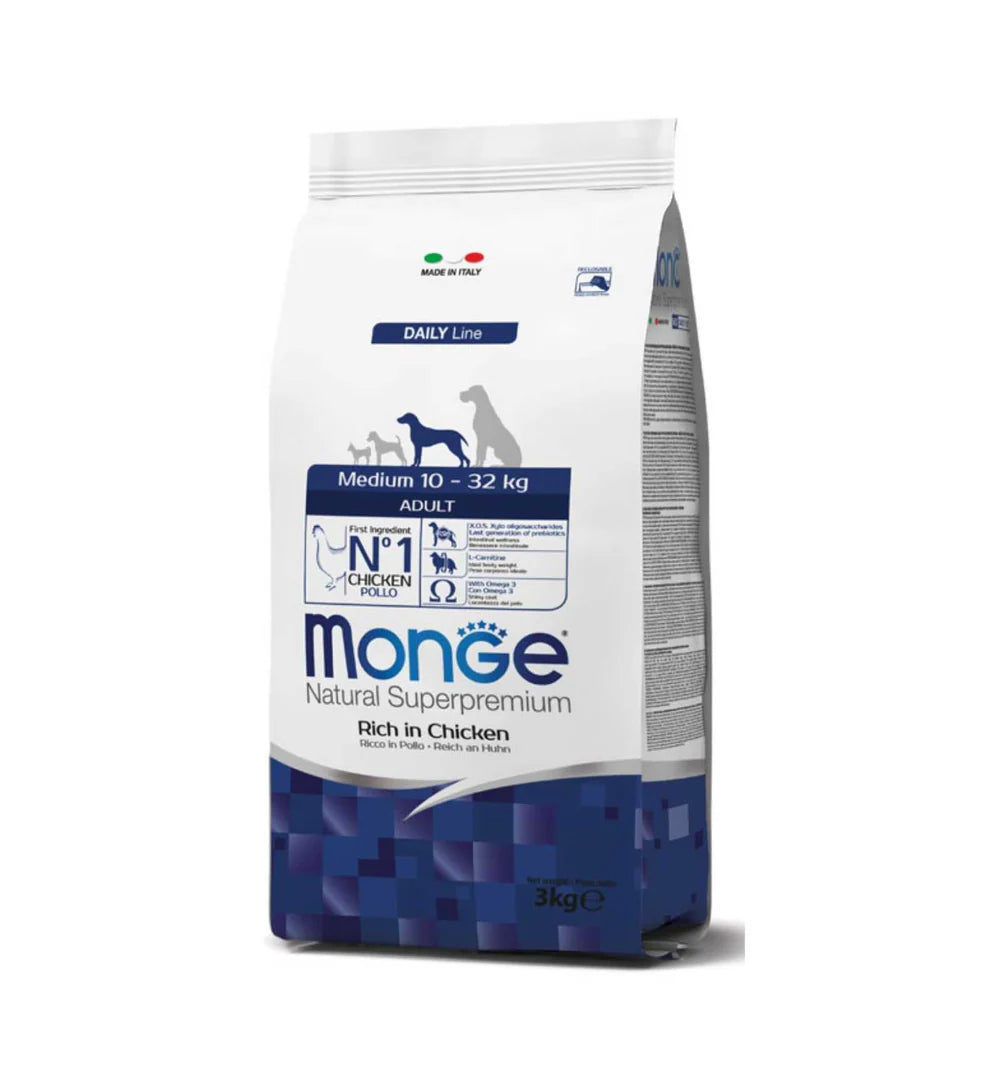 Crocchette Monge Natural Superpremium Medium Adult Ricco in Pollo di AGRIAPPIA, crocchette per cani adulti di taglia media