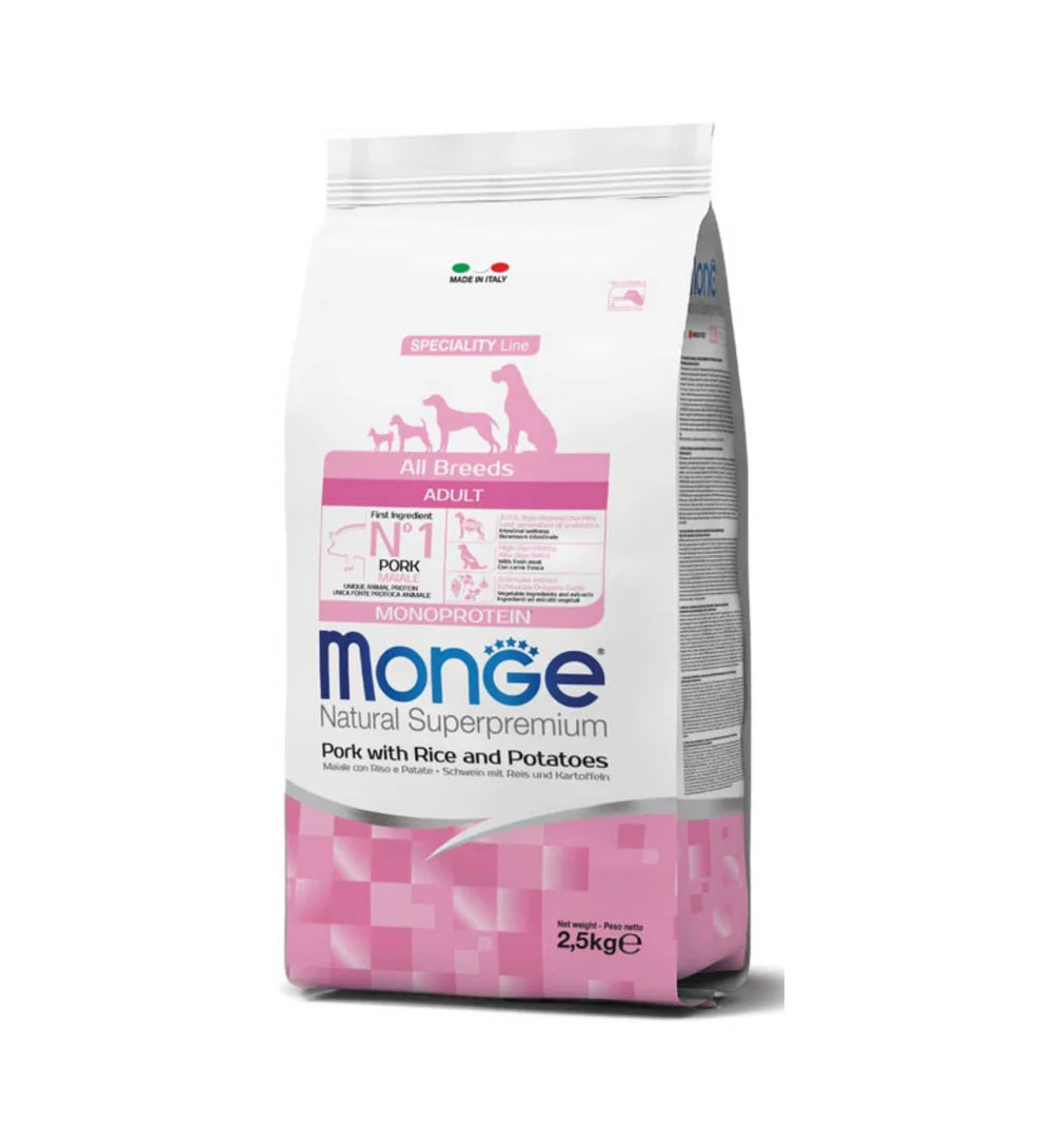 Crocchette Monge Natural Superpremium per cani adulti di tutte le razze, con maiale, riso e patate, prodotto AGRIAPPIA