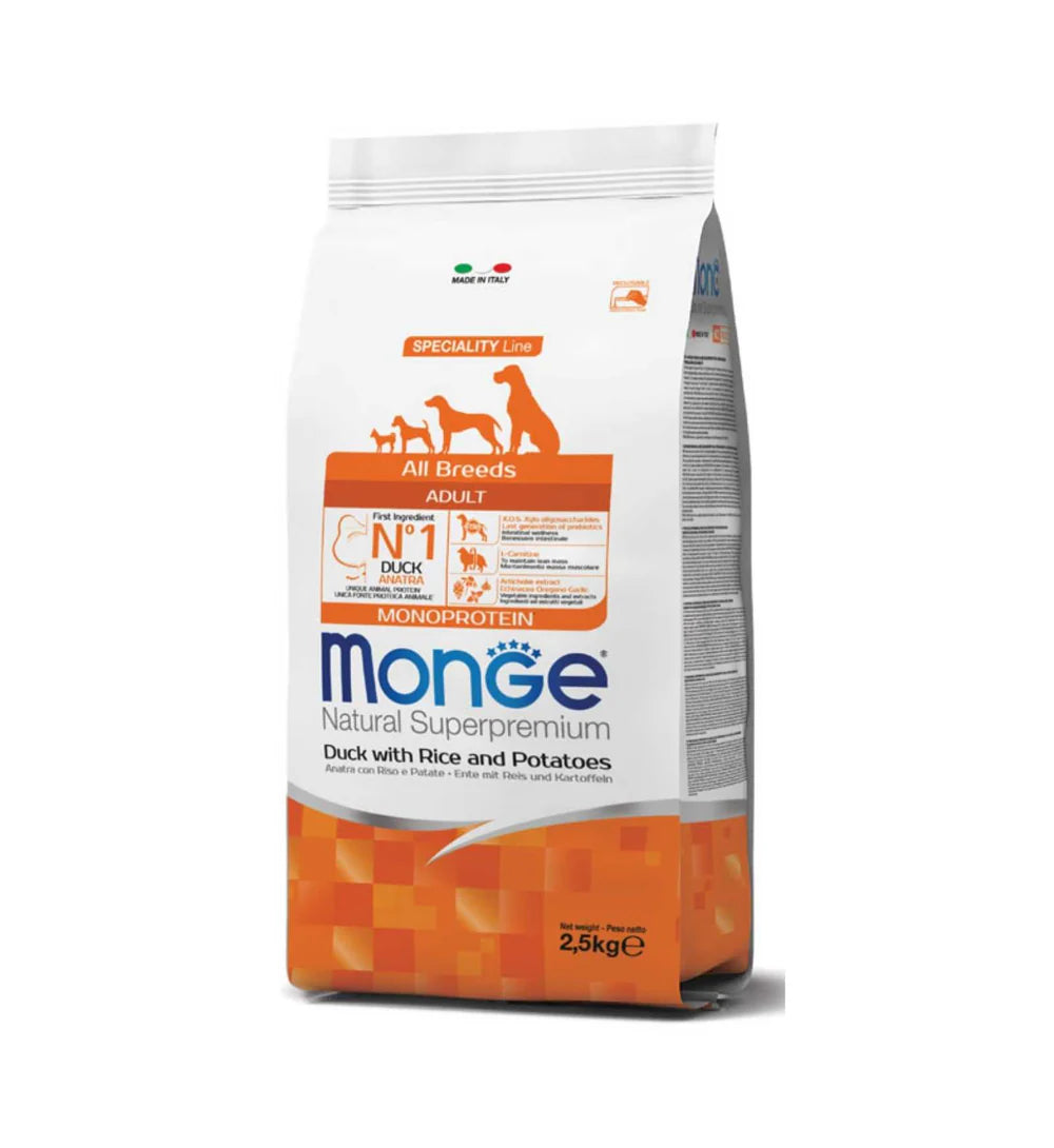 Cibo per cani Monge Natural Superpremium All Breeds Adult con anatra, riso e patate, marca AGRIAPPIA, in confezione da 800g