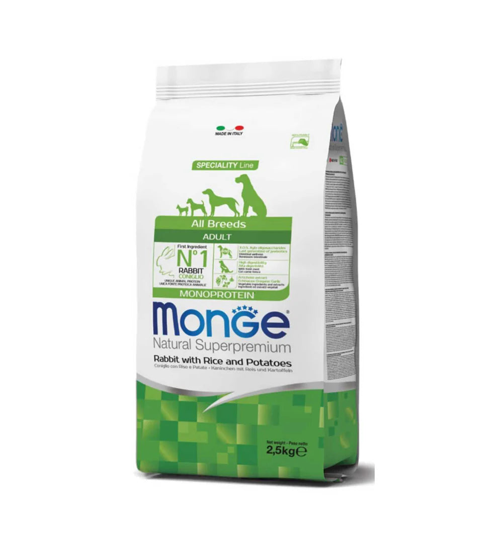 Crocchette Monge Natural Superpremium per cani adulti, con coniglio, riso e patate, marca AGRIAPPIA