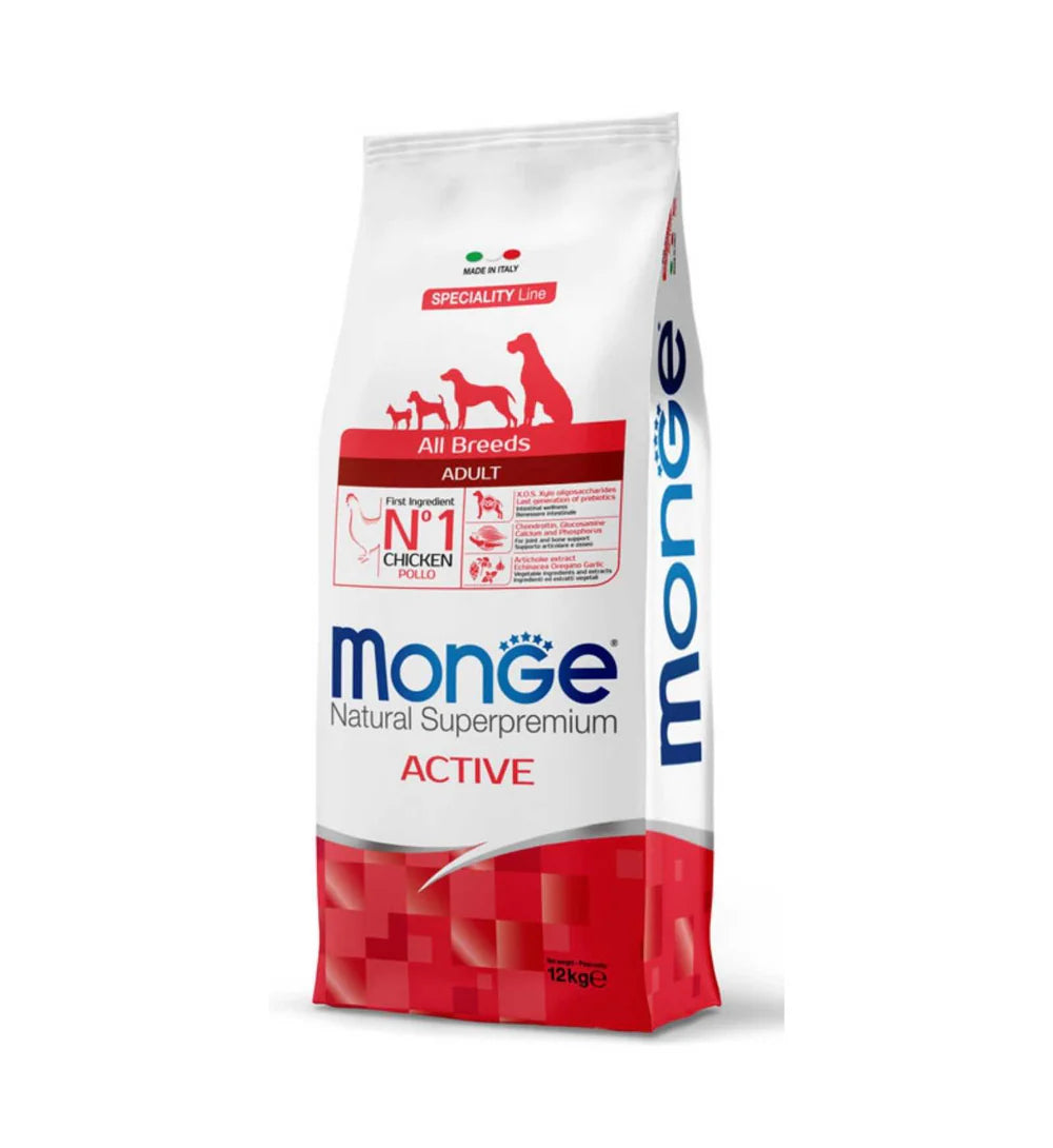 Crocchette Monge Natural Superpremium All Breeds Adult Active con pollo, sacco di cibo per cani di tutte le razze, immagine del prodotto.