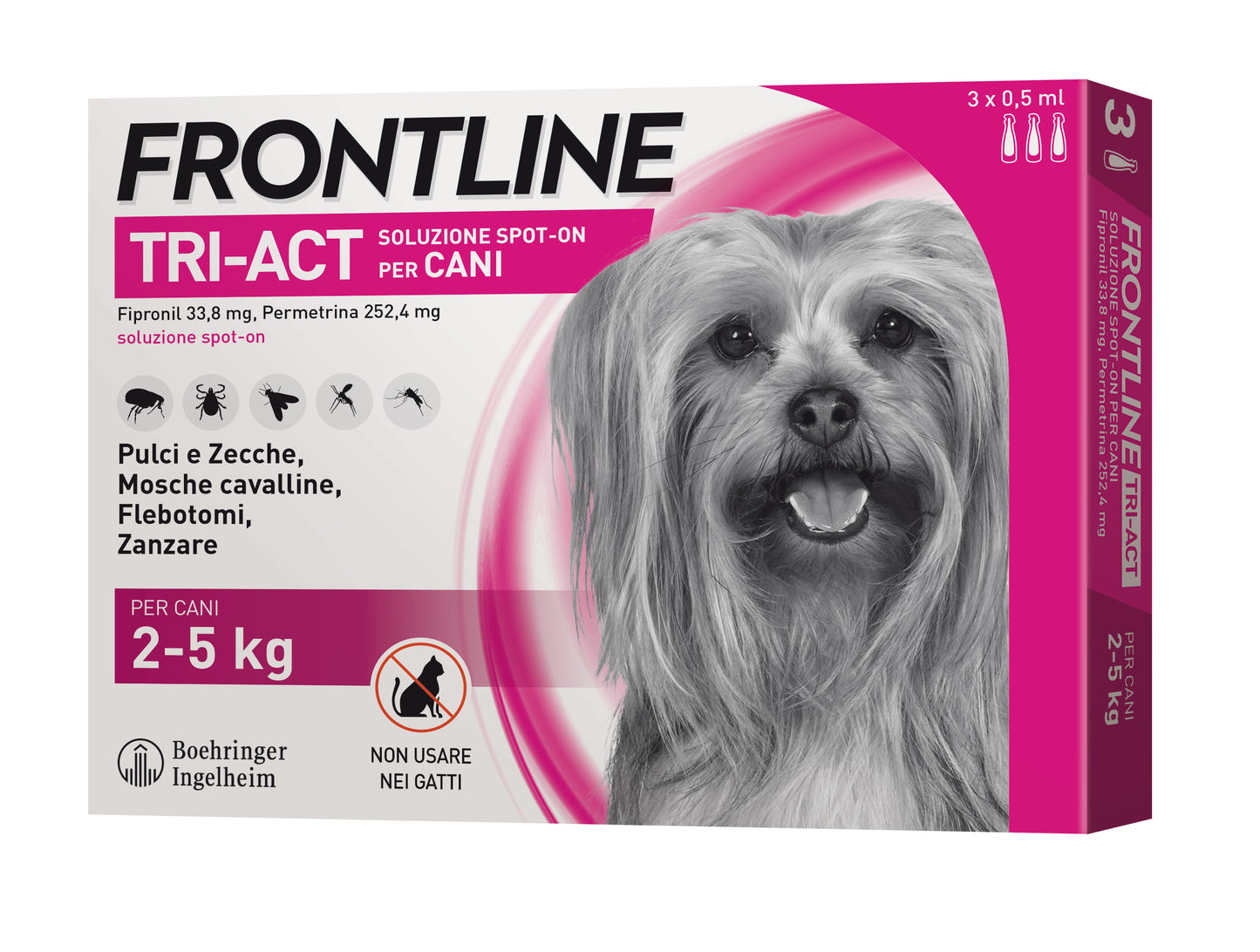 Confezione di 3 Frontline Tri-Act® Cane AGRIAPPIA, antiparassitario per cani, con tubo applicatore e dettagli del prodotto
