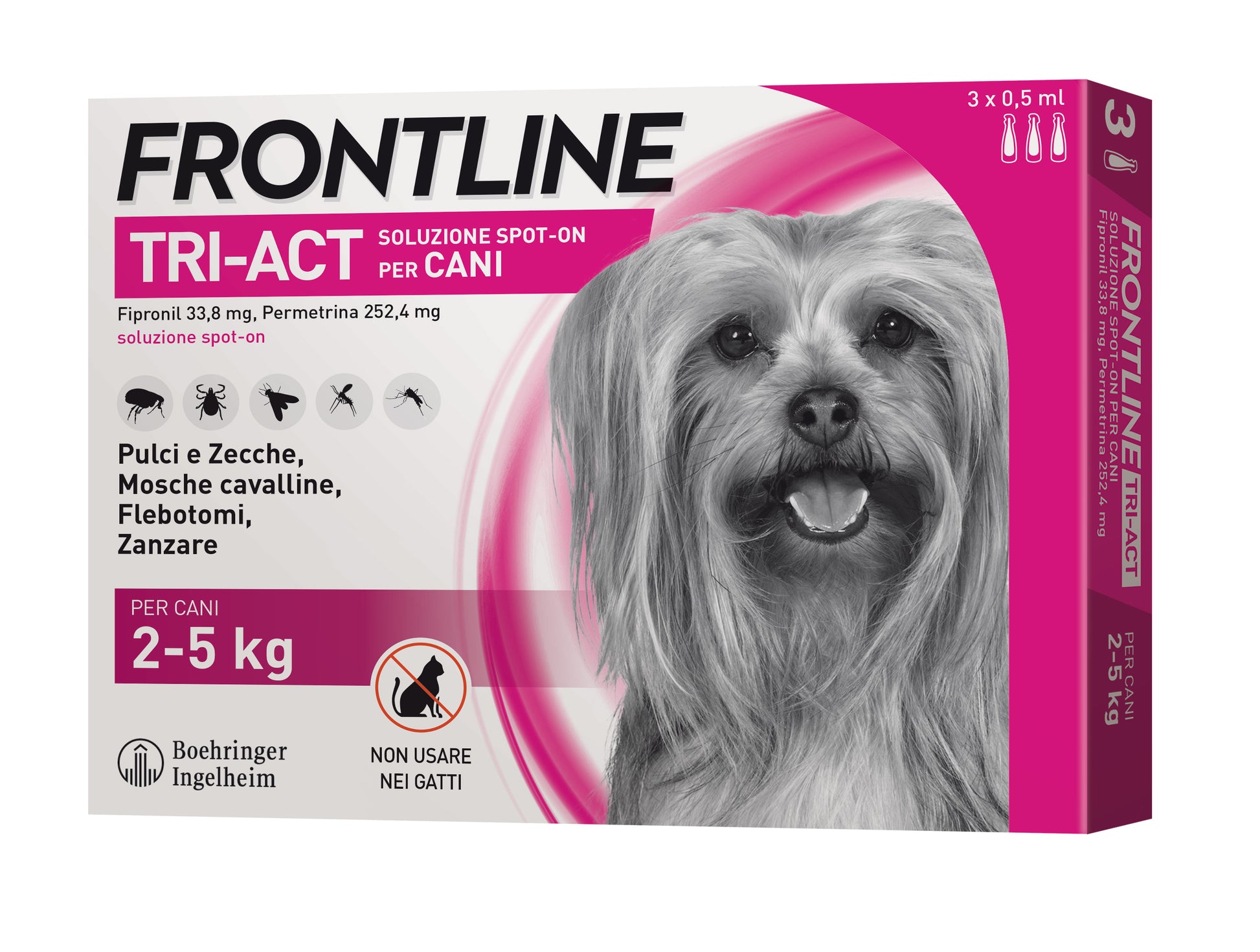 Confezione di 3 Frontline Tri-Act® Cane AGRIAPPIA, antiparassitario per cani, con tubo applicatore e dettagli del prodotto