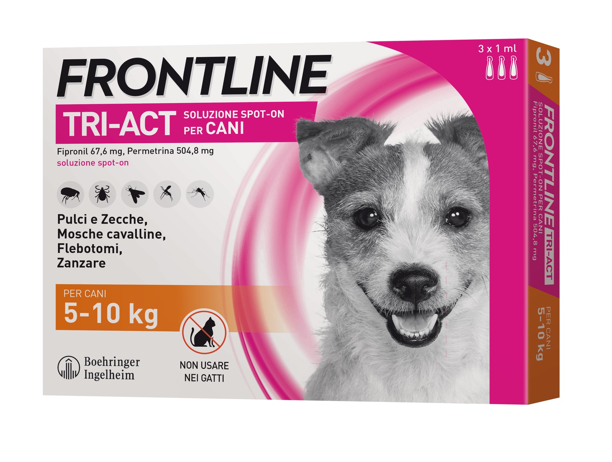 Pacco di tre Frontline Tri-Act® Cane di AGRIAPPIA, trattamento antiparassitario per cani con siringhe e confezione.