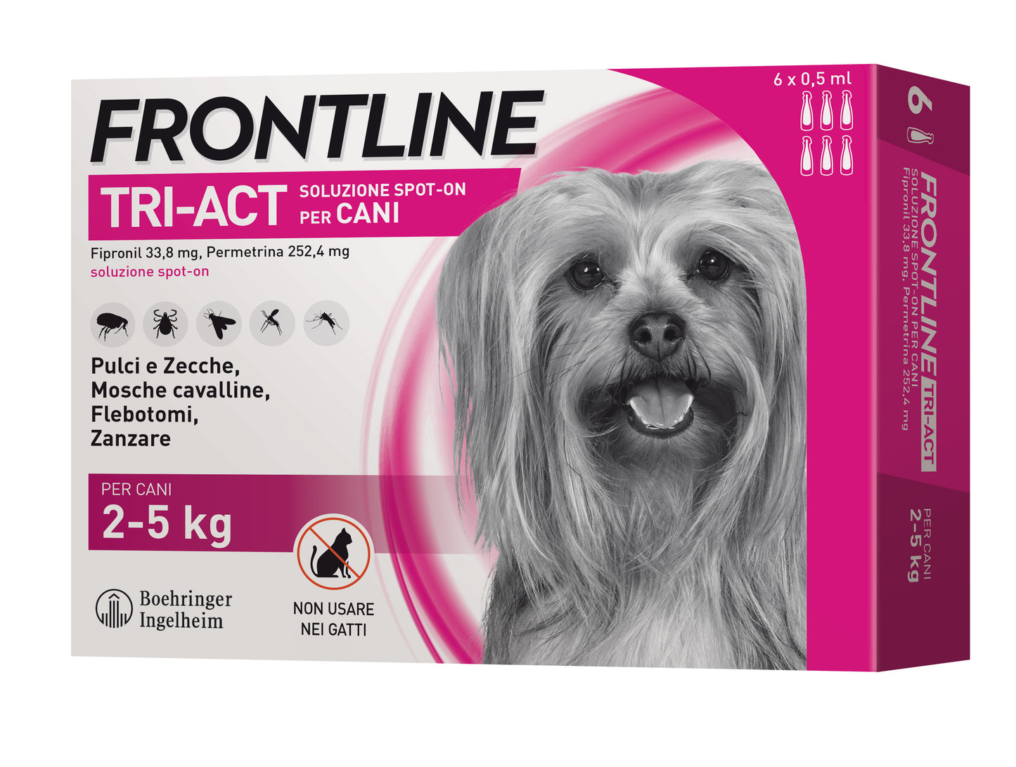 Confezione da 6 Frontline Tri-Act® Cane di AGRIAPPIA, antiparassitario per cani con imballaggio e prodotti visibili.