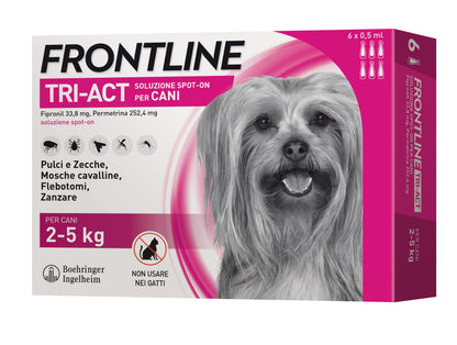 Confezione da 6 Frontline Tri-Act® Cane di AGRIAPPIA, antiparassitario per cani con imballaggio e prodotti visibili.