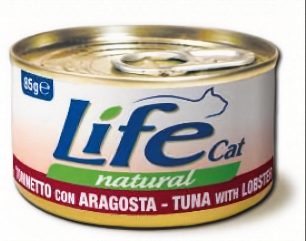 Cibo per gatti Life Cat Natural con tonno e aragosta, 85g, in confezione con immagine del prodotto naturale.