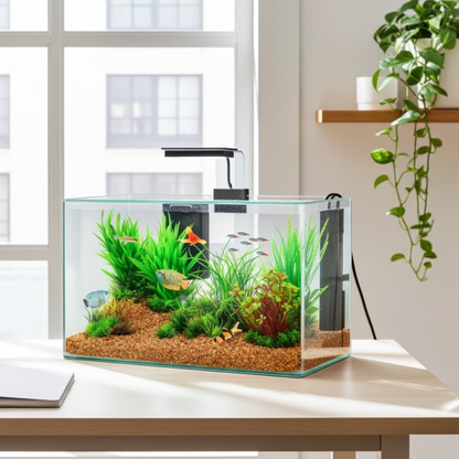 Acquario Clear 40 di AGRIAPPIA, contenitore trasparente per pesci, con accessori e base in vista in ambiente domestico