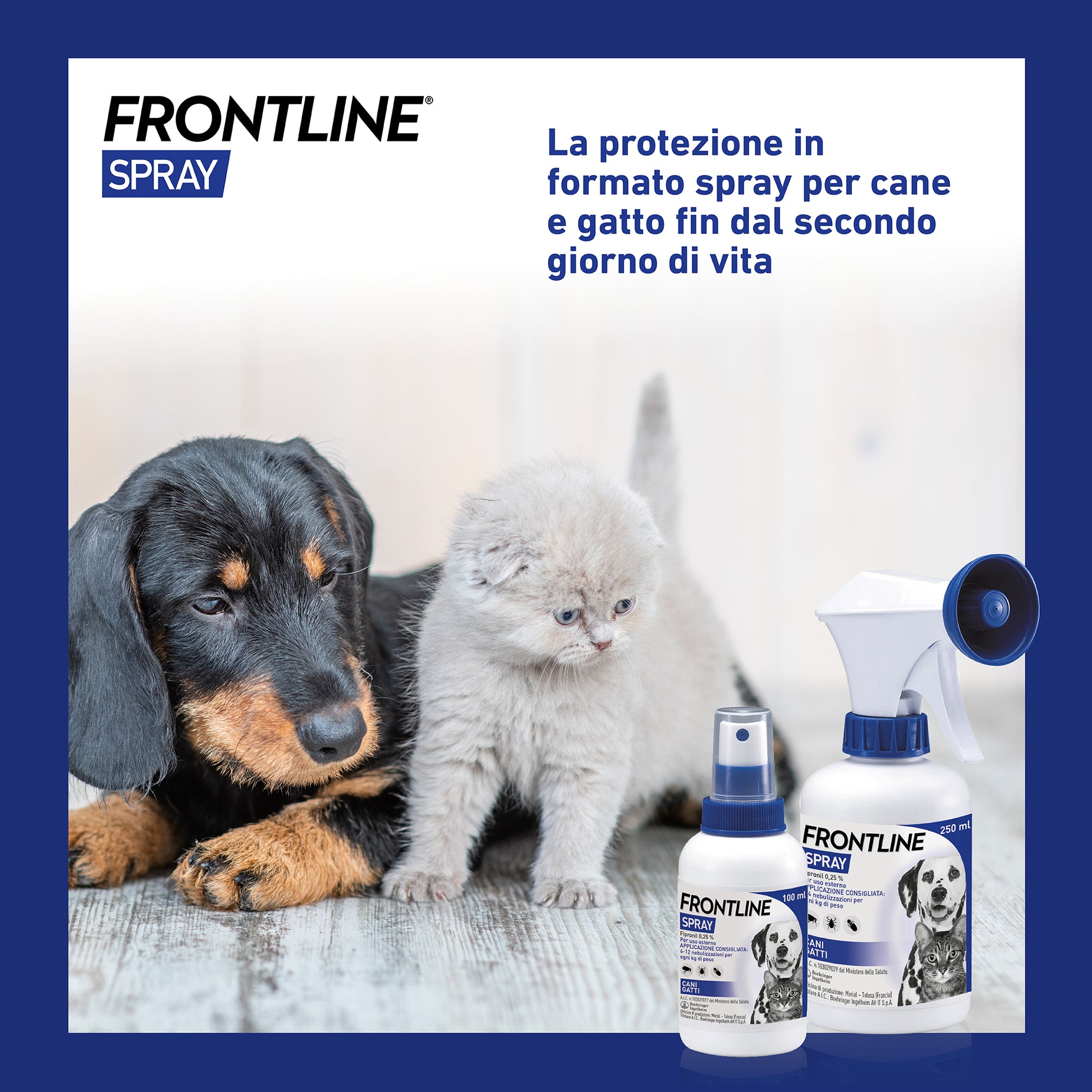 Spray Frontline® AGRIAPPIA per la prevenzione dei parassiti su animali, mostrato in un contesto di cura e benessere.