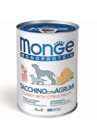 Paté Monge Monoprotein con frutta AGRIAPPIA in scatola da 400 gr con pezzi di frutta visibili e texture cremosa