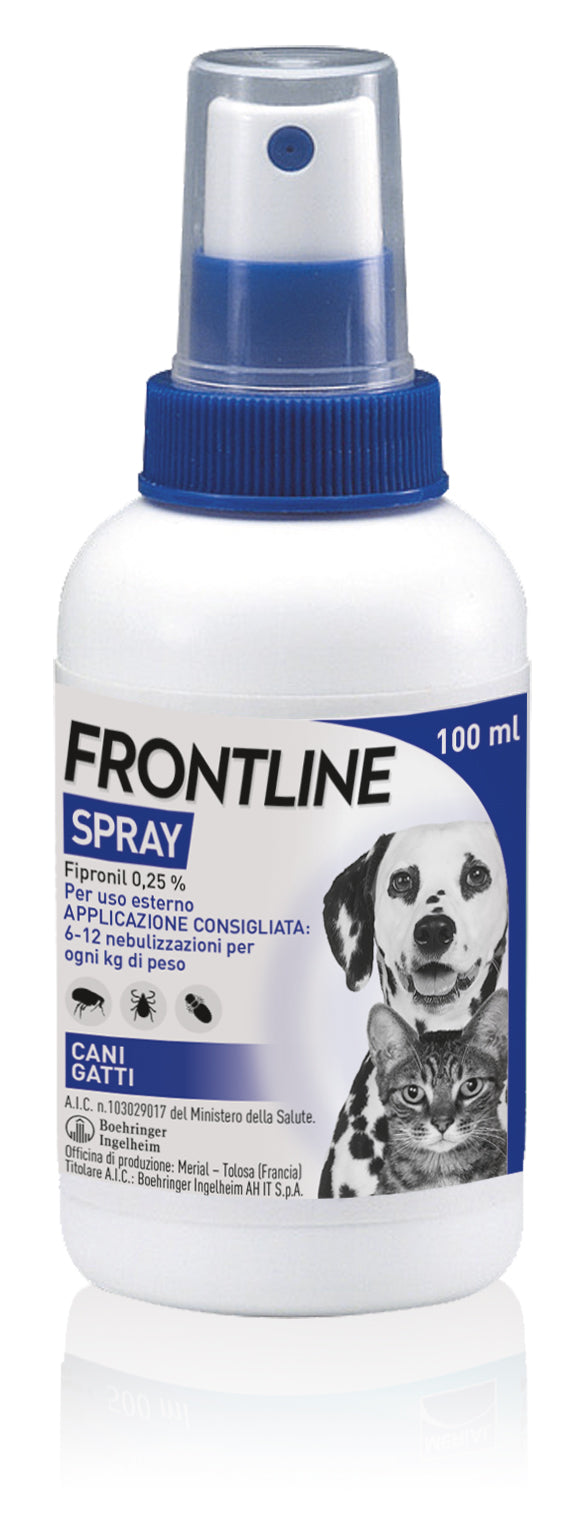 Spray Frontline® AGRIAPPIA per il trattamento di infestazioni da parassiti su animali, in confezione spray bianca con etichetta.
