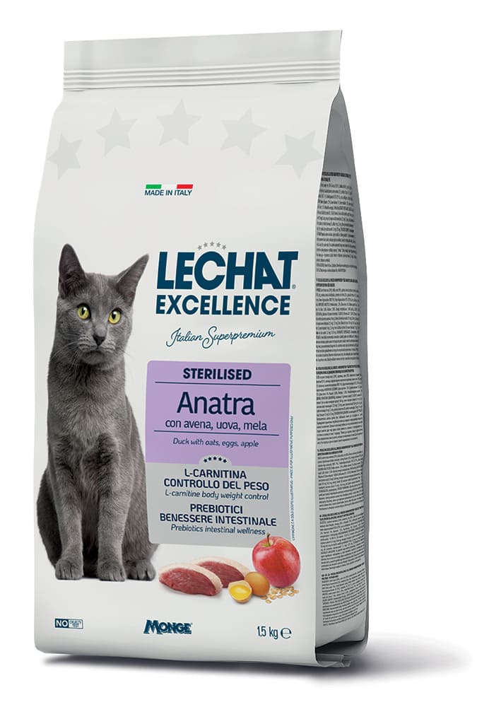Crocchette LeChat Excellence per gatti sterilizzati con anatra, confezione da 15 kg, in sacchetto resistente, ricco di ingredienti di qualità.