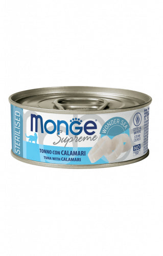 Tonno e calamari sterilizzati per gatti Monge Supreme AGRIAPPIA, scatola da 80 g, con immagini di tonno e calamari in scatola