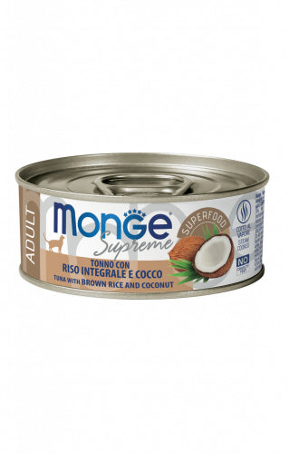 Tonno con cocco per gatti Monge Supreme, scatola da 80 g, alimento umido per gatti adulti, prodotto AGRIAPPIA.