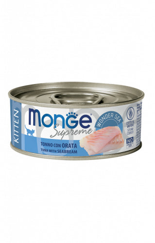 Cibo umido Monge Supreme Cat con tonno e orata per gattini, contenuto da 80 g, in lattina, marca AGRIAPPIA.