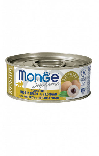 Tonno con riso e longan catnip per gatti Monge Supreme, 80 g, confezione sterilizzata, alimento umido per felini.