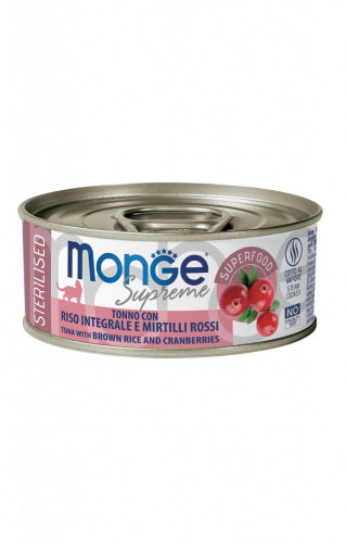 Cibo per gatti Monge Supreme AGRIAPPIA con tonno, riso e mirtilli rossi in scatola da 80g, sterilizzato, immagine frontale