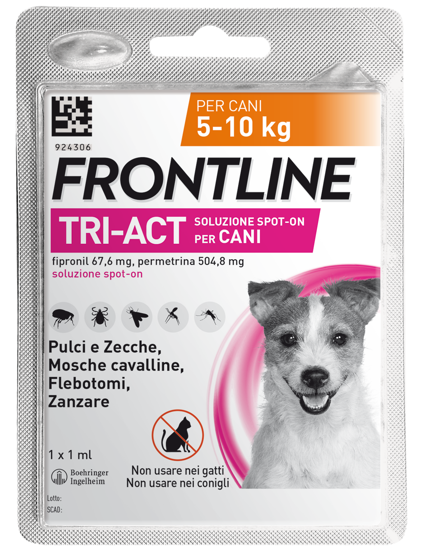 Blister di Frontline Tri-Act® Cane di AGRIAPPIA con pasticche per la cura dei cani, visibile in primo piano.