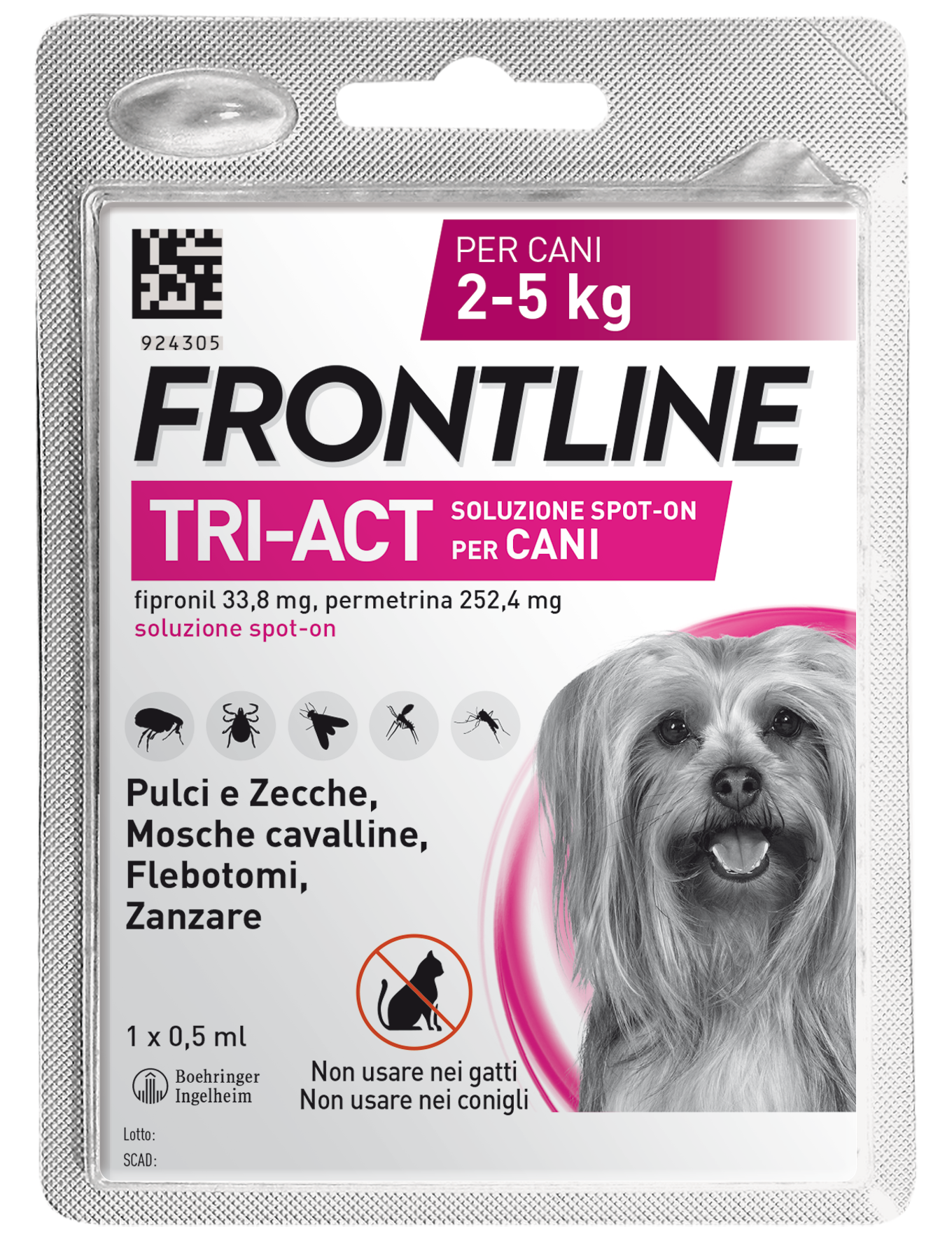 Blister di Frontline Tri-Act® Cane di AGRIAPPIA con cucciolo di cane in taglia XS, antiparassitario per cani.