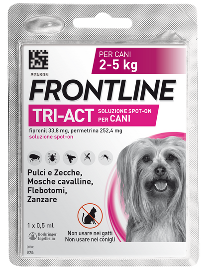 Blister di Frontline Tri-Act® Cane di AGRIAPPIA con cucciolo di cane in taglia XS, antiparassitario per cani.