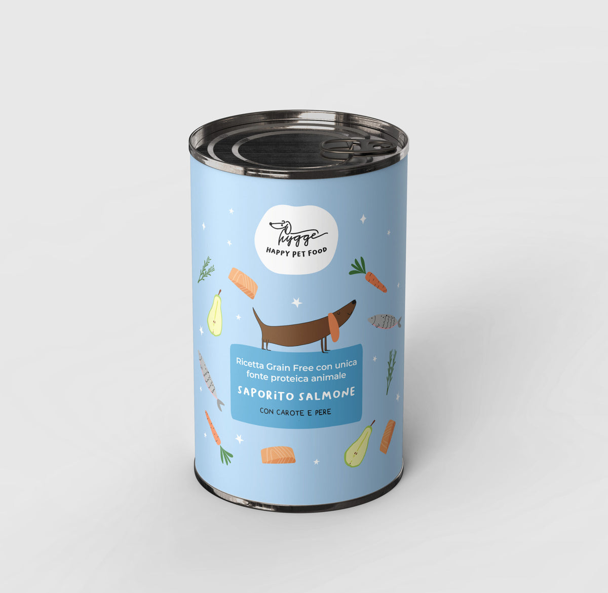 Cibo umido Monoproteico AGRIAPPIA al salmone con carote e pere, alimento naturale per cani, in confezione scalata.