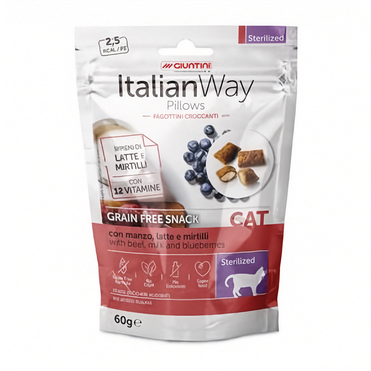 Snack senza cereali ItalianWay con manzo, latte e mirtilli, sterilizzati, confezione con diversi pezzi, marca AGRIAPPIA.