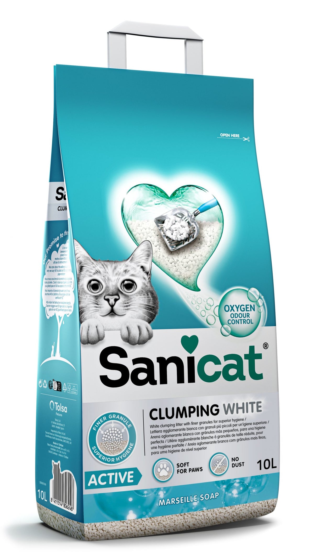 Lettiera per gatti agglomerante AGRIAPPIA ACTIVE White al sapone di Marsiglia, polvere bianca e compatta in contenitore.