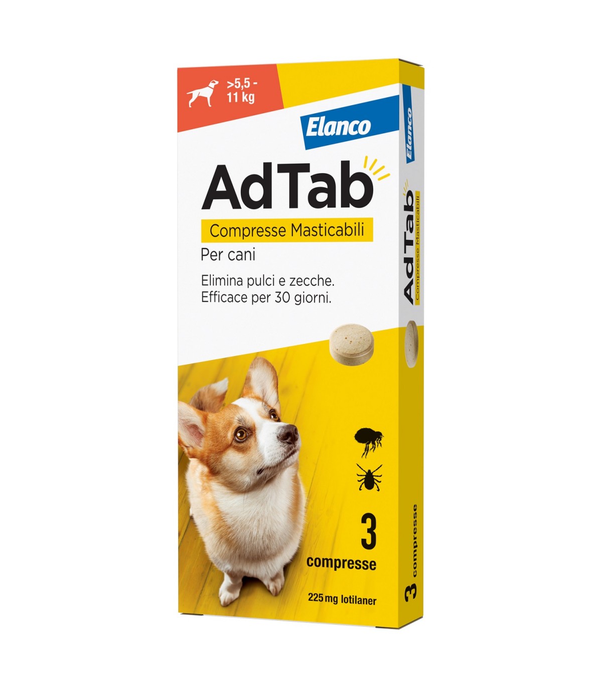 Compresse masticabili AdTab per cani AGRIAPPIA, confezione da 55 e 11 kg, con 3 compresse da 225 mg ciascuna