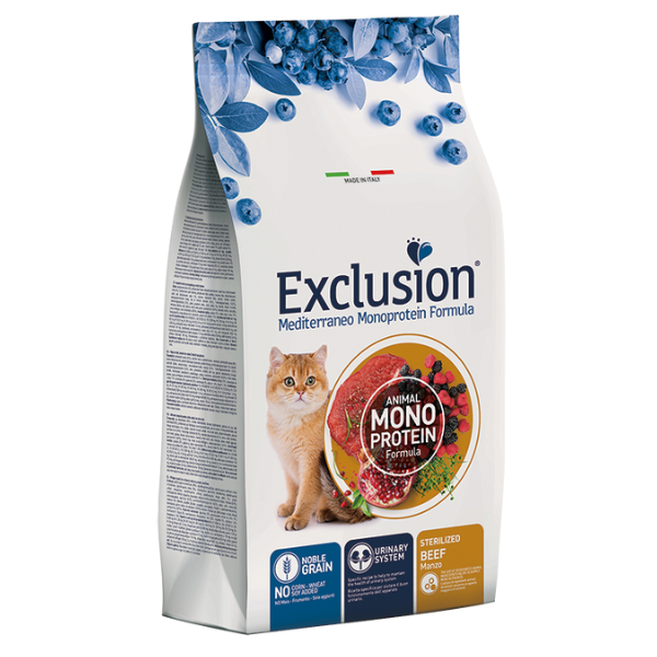 Cibo per gatti AGRIAPPIA EXCLUSION MEDITERRANEO NOBLE GRAIN con manzo sterilizzato, immagine di una confezione con ciotola di cibo.