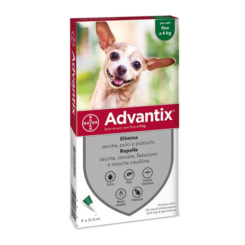 Trattamento spot-on Advantix™ per cani, contenitore con pipetta applicatrice e etichetta del prodotto AGRIAPPIA.