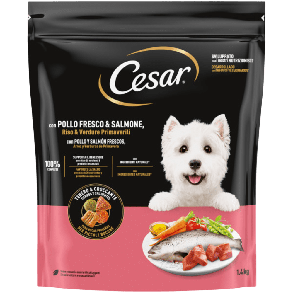 Cibo per cani Cesar con pollo, salmone e verdure, confezione AGRIAPPIA, alimento umido per cani di alta qualità
