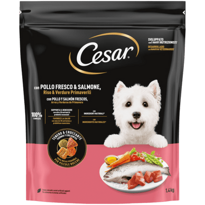 Cibo per cani Cesar con pollo, salmone e verdure, confezione AGRIAPPIA, alimento umido per cani di alta qualità